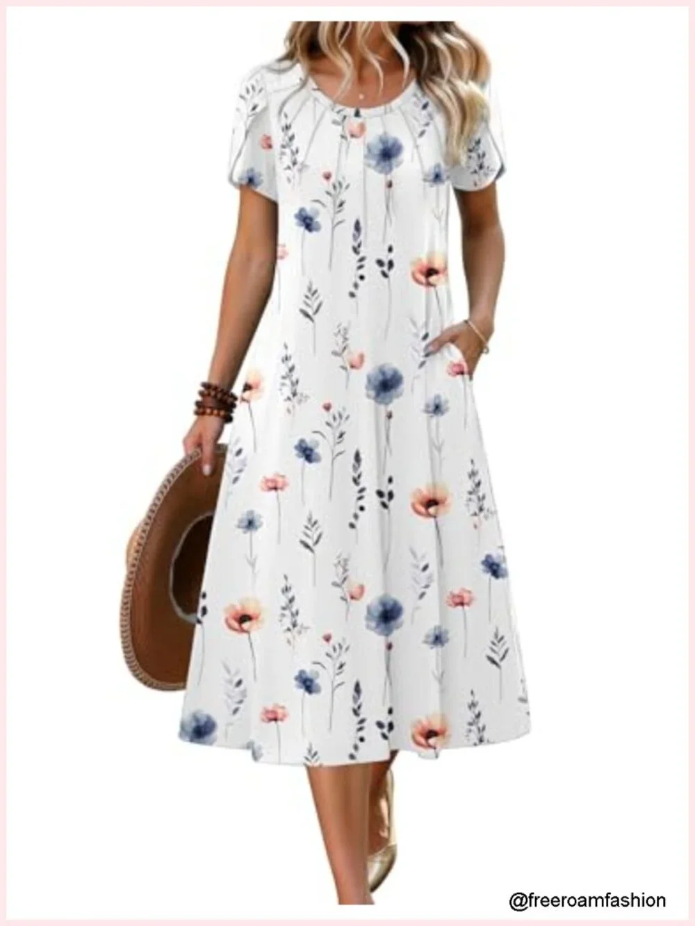 Casual Summer Midi Dress with Petal Short Sleeves A Line Flowy Sundress Pleats